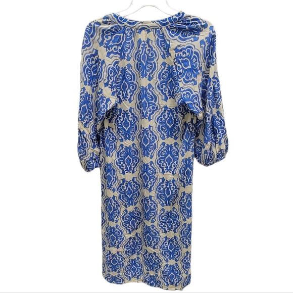Zara printed midi dress Blue Cream Balloon Sleeves Small - Picture 2 of 6